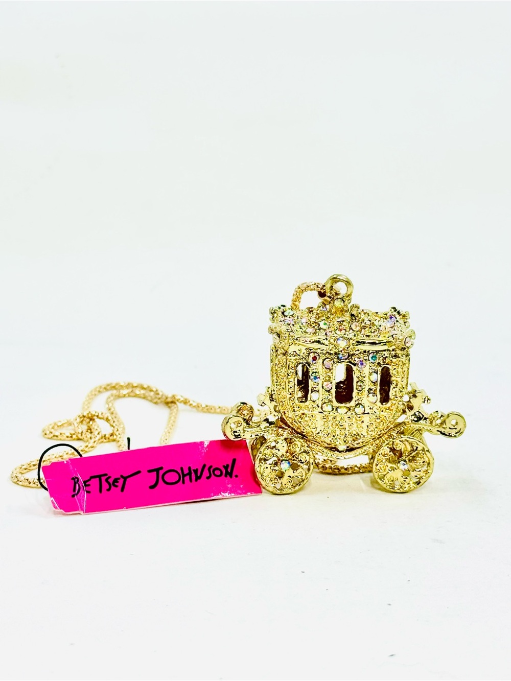 Betsey Johnson Rare Vintage Gold Tone Princess Carriage Pendant Necklace W/AB’s